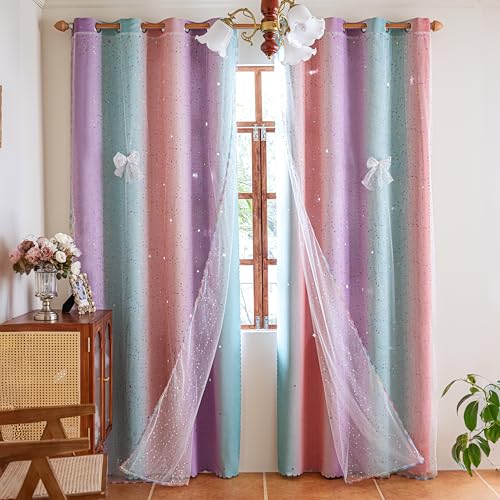Image of 52x45 2-in-1 Double-Layer Kids & Girls Unicorn Princess Ombre Blackout Curtains with Foil Print Sheer, 2 Panels Set - Purple Green Pink