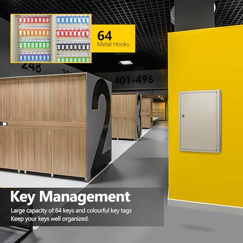 Image of SHANTRA Key Box Cabinet, Wall Mount 64 Position Metal Locking Key Cabinet Organizer - Key Storage Box with Key Tags, Adjustable Lockbox for Keys, Secure Holder for Home, Hotels, and Valets - White