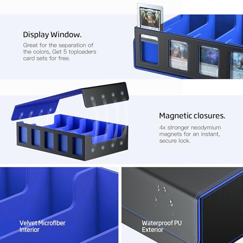 Image of 3900+ Trading Card Storage Box for MTG TCG PTCG Sports Card, Black Blue | 5-Row Card Case, Magnetic Lid & Commander Display, Top Loader Storage, Includes Dividers & Dice Box