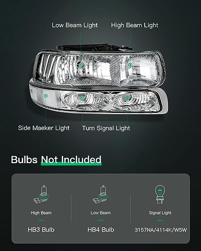 LSAILON Headlight Assembly Replacement Fit 1999-2002 for Chevrolet Silverado 1500 2001-2002 for Chevrolet Silverado 1500 HD Headlamp GM2521173 GM2520173 GM2503187 GM2502187