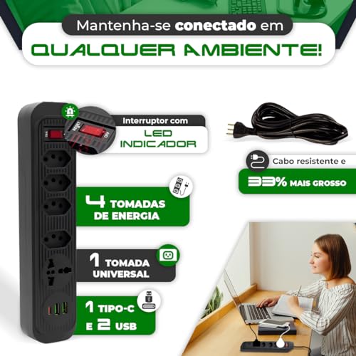 Extensão Filtro de Linha Régua Elétrica Com 4 Tomadas de 10A Padrão BR e 1 Universal, 2 Porta USB e