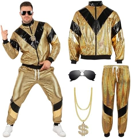 YAEGIMHT 80er 90er Outfit Herren Damen mit Accessoires, Trainingsanzug Kostüm mit Sportjacke Hose Hip-Hop Accessoires Aufblasbares Telefon Lautsprecher Retro 80er 90er Hip Hop Outf