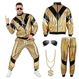 80er 90er Outfit Herren Damen mit Accessoires, Kostüm Trainingsanzug mit Sportjacke, Hose, Hip-Hop Halskette, Aufblasbares Telefon Lautsprecher, 80er 90er Hip Hop Outfit für Karneval (Gold, L)
