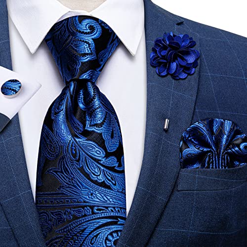 Image of DiBanGu Silk Ties for Men Necktie and Lapel Pin Brooch Set Formal Woven Paisley Plaid Striped Solid Tie Wedding Party