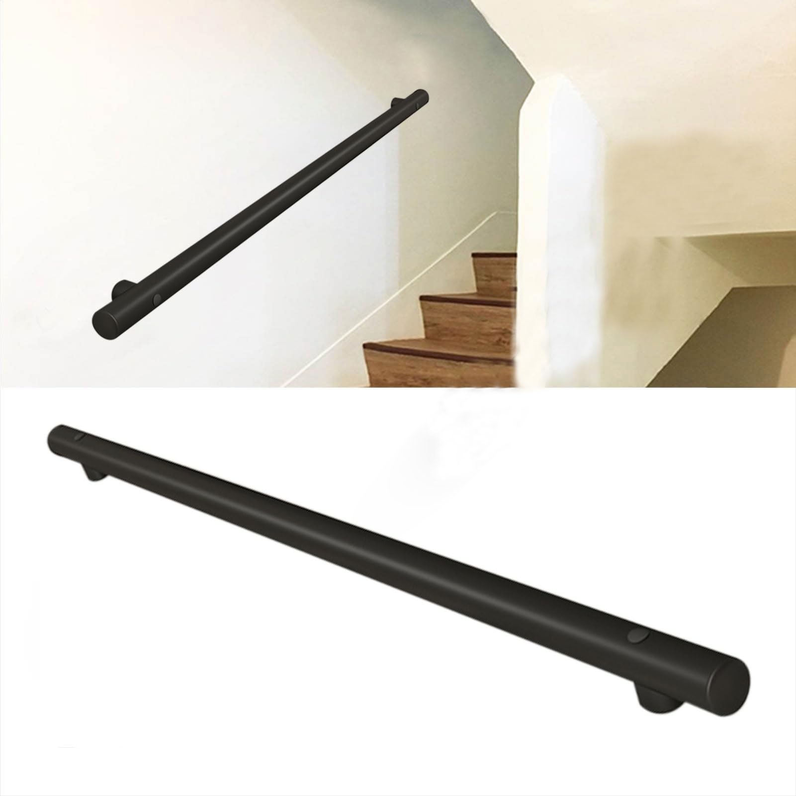 Luyckfrazy Runder Treppenhandlauf, Treppengeländerhalterungen, Wandhalterung aus schwarzem Edelstahl, Handläufe für Außenstufen oder Innentreppen 30 cm – 600 cm (Size : 140cm)