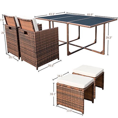 Homall-11-Pieces-Patio-Furniture-Dining-Set-Patio-Wicker-Rattan-Chair-Sets-Outdoor-Furniture-Cushioned-Tempered-Glass-WOttoman-Brown-PE-Rattan 51Wi01eAJpL