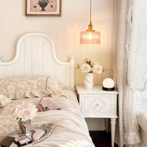 Image of Shenmoyl Pendant Light with Pink Striped Glass Lmapshade, Brass Vintage Pendant Light Adjustable Hanging Light for Kitchen Island Dining Room Hallway