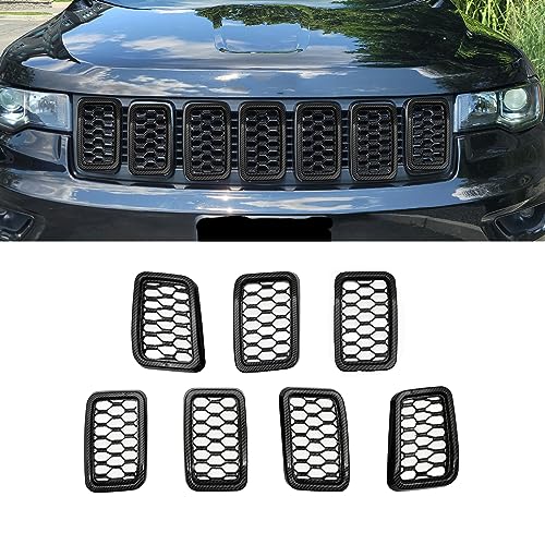Image of 7PCS Honeycomb Mesh Front Grill Inserts Kits Fit for Jeep Grand Cherokee 2017 2018 2019 2020 2021 Carbon Fiber Style