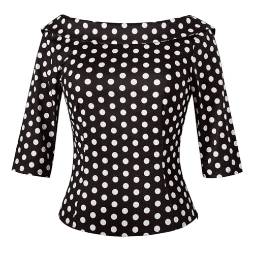 YARN & INK Women's 1950s Vintage Pinup Tops, Back Bow Tie Cute Rockabilly Elegant Shirt, Medium Sleeves Blouse