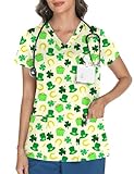 LOMON Print Scrubs for Women V Neck Scrub Tops Soft Knit Nurse Uniform Shirts with 3 Pockets