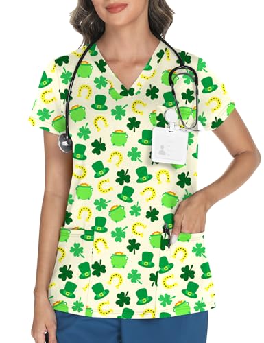 LOMON Print Scrubs for Women V Neck Scrub Tops Soft Knit Nurse Uniform Shirts with 3 Pockets