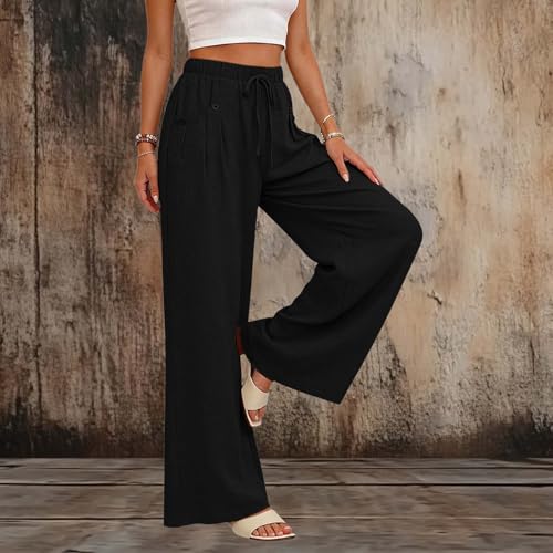 Linen Pants Women, Wide Leg Elastic High Waisted Loose Drawstring Womens Flowy Palazzo Pants with Pockets,Breathable Trousers for Summer Casual Beach Vacation Travel Black M — view 2