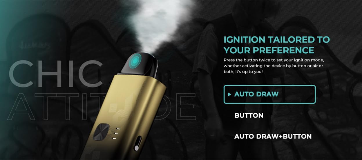 Uwell Crown S Pod System ignition modes: Auto Draw, Button, Auto Draw + Button