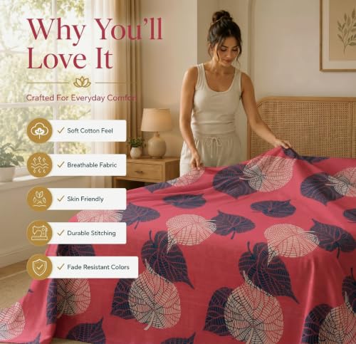 Image of HOMEKART Glace Cotton 160 TC LeafPrinted Double Bedsheet with 2 King Size Pillow Covers | Soft & Durable | 86 x 88Inches (Rose Pink)
