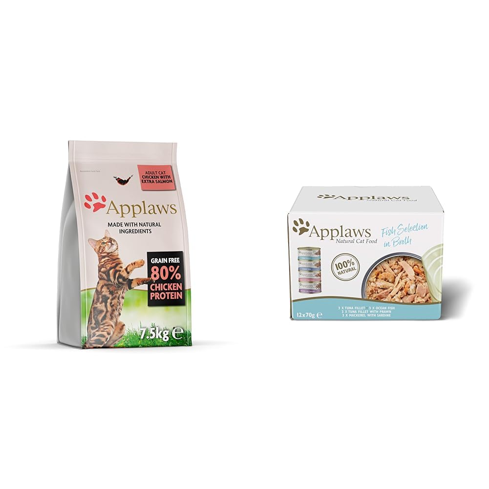 Bundle of Applaws Katzentrockenfutter Adult, Huhn mit extra Lachs, getreidefrei und komplett 7,5 kg (1 Packung) + Applaws Premium Natural Katzenfutter Nass, Fischauswahl in Brühe 70g Dose (12x70g)