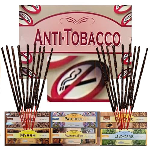 120 Varillas de Incienso Anti-Tabaco Natural sin Tóxicos – Pack 6 Fragancias para Eliminar Olor a Tabaco | Café Palo Santo Mirra Antitabaco + Aromas Sorpresa | Purifica el Ambiente sin Químicos