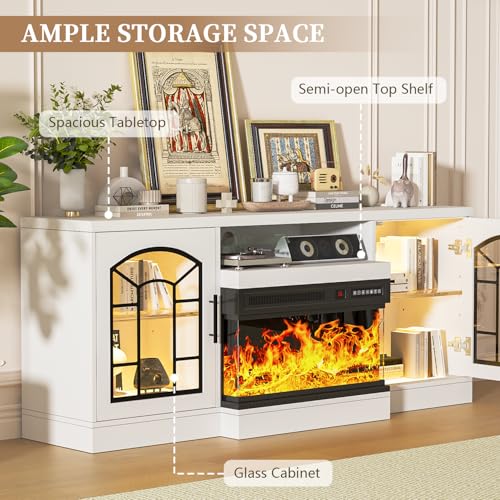 Image of Waleaf 60 inch Fireplace TV Stand for TVs up to 65 inch with 3-Sided Glass Fireplace, Farmhouse Entertainment Center Modern Console with Adjustable Flame Color, Storage Cabinet for Living Room, White