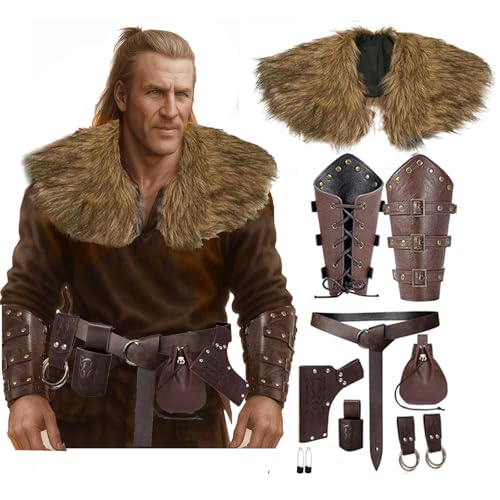 SUMGOGO Viking Fur Collar Cape Wrap Warrior Shawl Medieval Renaissance Bracers Belt Pouch Sword Holder Halloween LARP Cosplay Costume (Brown)
