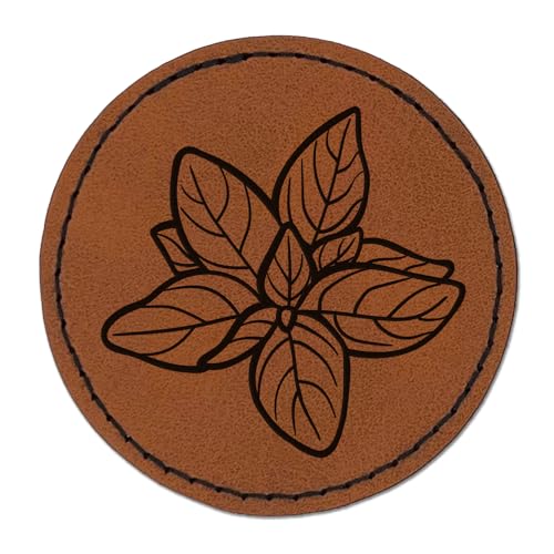 Basil Herb Plant Round Iron-On Engraved Faux Leather Patch Applique - 2.5 Inch - Brown