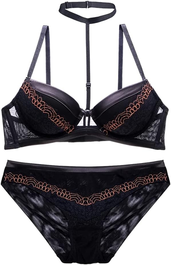 Women Bra Set Push Up with Removable Halter Underwire Padded Eyelash Decoration D Cup