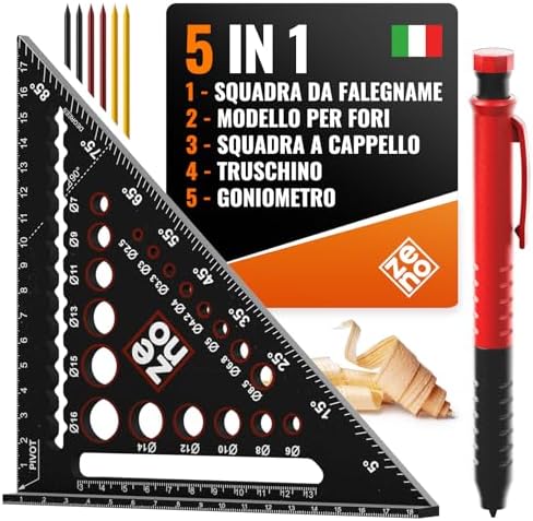 ZENO Carpenter's Squad 180 mm – Combined Square – All-In-One Carpenter's Tool: Protractor, Ruler, Drill Template – Professional Construction Pencil : Amazon.it