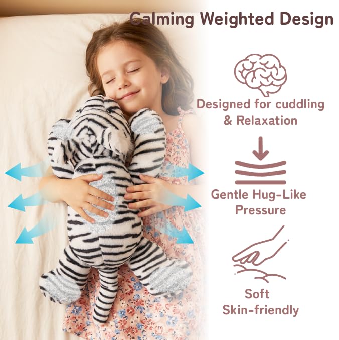 Image of Niuniu Daddy White Tiger Weighted Stuffed Animals, Plush Pillow for Kids | 20 in 3.3 lbs, heavy sensory lap pad, lying body pillow for sleeping, machine wash, huggable gift, cute plushies