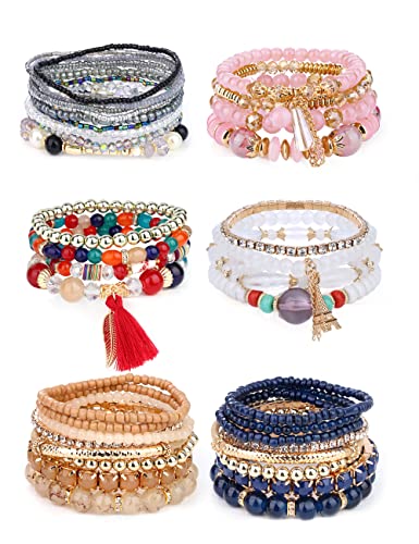 Sailimue 6 Sets Bohemian Stackable Bead Bracelets For Women Multicolor Stretch Beaded Tassel Bracelets Layered Bead Adjustable Bracelet Pink Black Turquoise Stretch Bracelets #TOP19