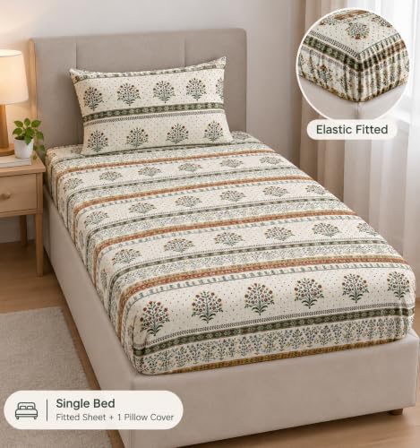 Image of 300TC Soft Touch Hypoallergenic Glace Cotton All Around Elastic Fitted Bedsheet for Single Bed Size 36 inchx 78 inch Inch with 1 King Size Pillow Cover - Cream Tree Print
