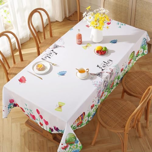 Easter Tablecloth for Rectangle Tables, Washable Spring Table Cover Printed with Colorful Easter Eggs and Cute Bunnies for Dinner Table, Indoor Outdoor Party Decoration (Rectangle, 52" x 70") by SASTYBALE - Used condition - Image 2