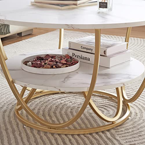 Elephance Round Coffee Table, 31.5 Inch Modern Coffee Table For Living Room, White And Gold Coffee Table With Storage, Wooden Tabletop-Marble White Print With Gold Frame #TOP3