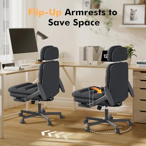 Image of GXJ Criss Cross Legged Office Chair with Flip-up Arms, Footrest, G800 Plus | 6.3 inch Cushion Relieves Tailbone Pain, Head-Lumbar Support Eases Fatigue, Smooth Rolling Wheels, Corduroy Desk Seating, Black