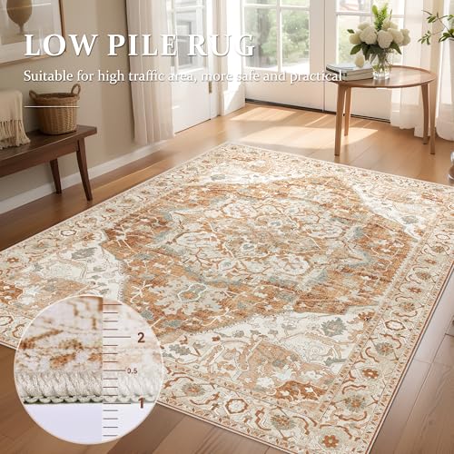 Deerly Vintage Area Rug 5x7 Boho Washable Large Living Room Bedroom Rugs Non Slip Low Pile 5x7 Rug for Kitchen Entryway Bedroom Dining Room Office, Caramel/Beige/Multi