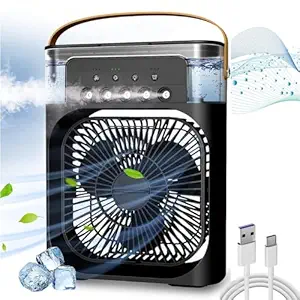 Cubonic Mini Air Cooler, USB Desk Fan, Personal Evaporative Cooler/Humidifier with 7 Colors LED Light, 1/2/3 H Timer, 3 Wind Speeds and 3 Spray Modes(5 nozzle) for Office, Home, Dorm,Travel (Black)