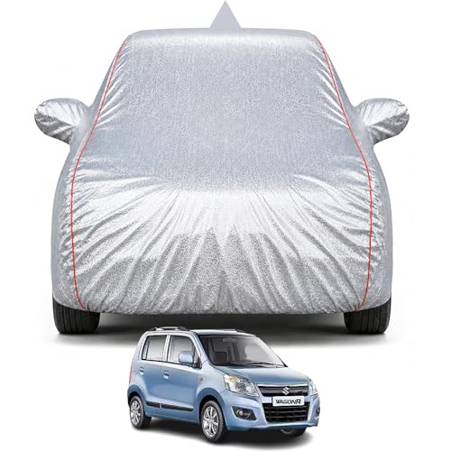 Image of Maruti WagonR Car Cover for LXi CNG, VXI, CNG & VXI ABS 2010-2018 Models 100% Waterproof, All Weather Protection, Mirror & Antenna Pocket, Soft Inner Lining, Triple Stitched (Metalic Silver)