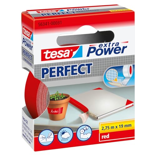 tesa Extra Power Perfect - Cinta de Reparación Reforzada en Tela para Confeccionar, Reparar, Fijar, Reforzar y Etiquetar - Rojo - 2.75 m x 19 mm