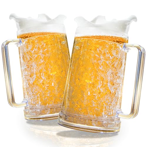 Granatan Frozen Beer Mugs (Set of 2), 16oz Double Wall Gel Freezer Cups with Handle, Acrylic Frosty Ice Stein for Cold Drinks, Break-Resistant Insulated Beer Mug for Dad, Men, Pool Parties & BBQ