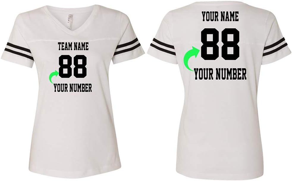 Custom V Neck Jersey Tee Shirt for Women – Personalized Ladies Striped Sleeve T-Shirt with Your Name and Number, Varsity