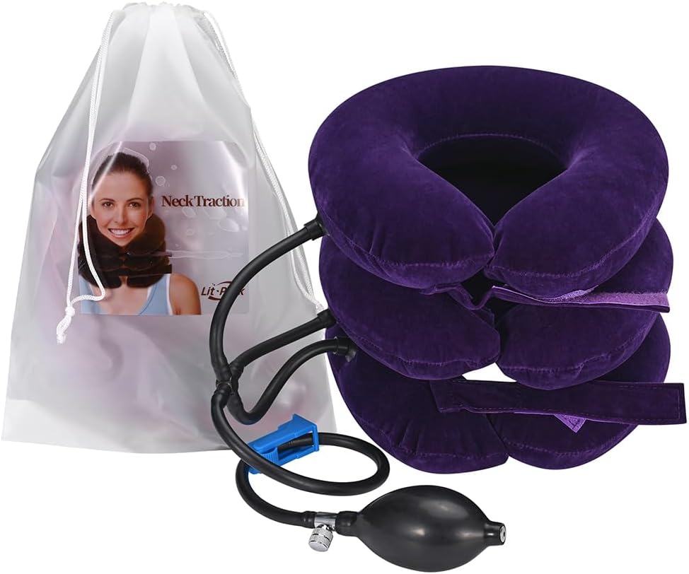 Cervical Neck & Vertebra Traction Device for Neck Pain Relief, Adjustable Inflatable Neck Stretcher Pillow for Neck Tension Relief Decompression Neck Brace Pump with carrying bag purple color - Image 2