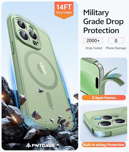 FNTCASE for iPhone 14 Pro Max Case: [Compatible with Magsafe] Translucent Matte Cases with [Full Camera Protection] [Screen Protector] Military Grade Shockproof Protective Phone Cover - Light Moss - 6