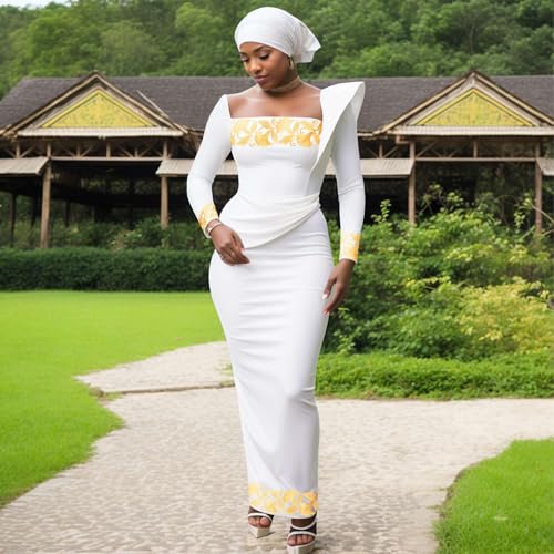 Image of African Dresses for Women High Waist Embroidery Elegant Traditional Midi Dress with Headscarf