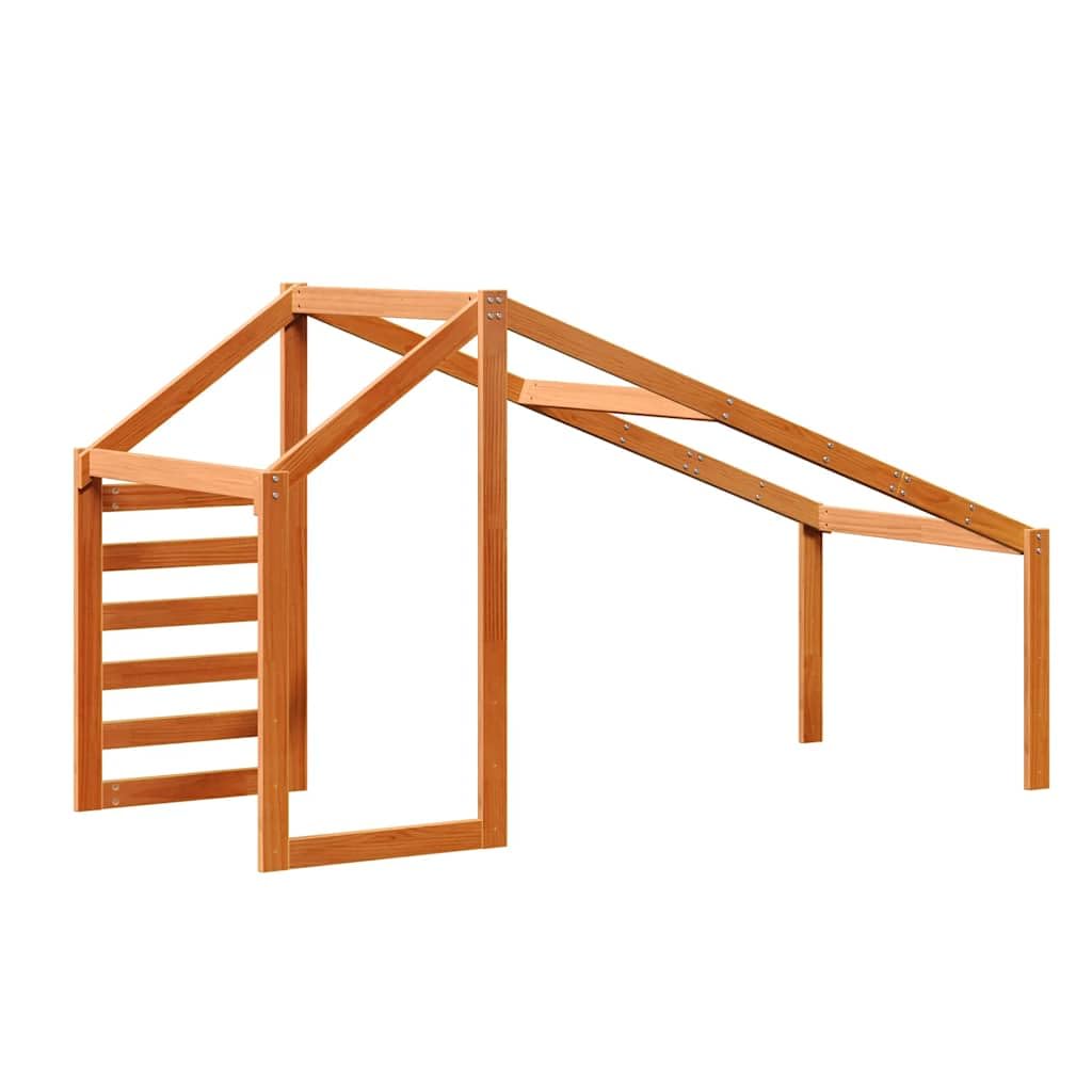 Techo de madera maciza de pino para cuna de 188 x 97 x 113 cm en color marrón cera. Estructura de techo rústica con lado abierto para facilitar el acceso. Accesorios de juego duraderos y