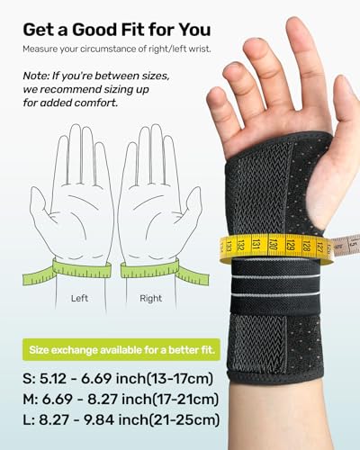 Rakiie Handgelenkstütze, Verstellbare handgelenk bandagen mit 3 Metallschienen, handgelenkbandage für Männer und Frauen, kein Druck auf den Daumen, Schienenstabilisator, Grau, Grau, Rechte Hand, S