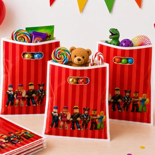 IndoTribe 30 Pcs Game Theme Gift Bags with Handles Goodie Bags Party Favor Bags Plastic Bags for Treats Gifts and Return Gift Pixel Birthday Party Favors Video Game Party Supplies