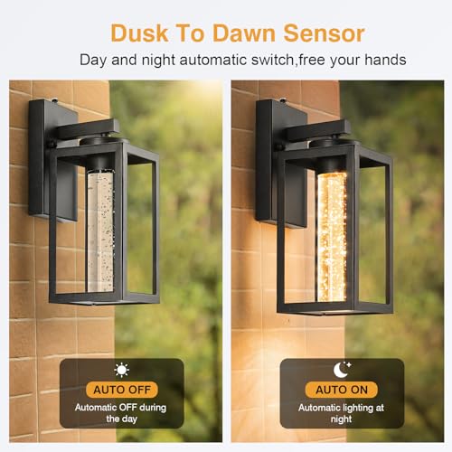Image of VIANIS 2 Pack Exterior Garage Lighting Fixtures Wall Mount, 100% Aluminum | Durable Crystal Bubble Glass, Modern Black Outdoor Porch Lights for House, Built-in LED Outdoor Wall Sconce Lights Lantern