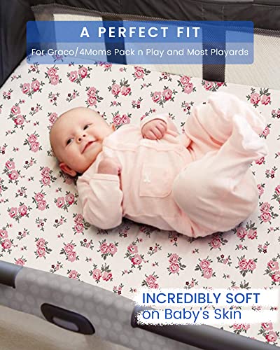 Mini Crib Sheets Girl, Totbasic Premium Soft Stretchy Floral Pack N Play Sheets For Baby Girls, Breathable Jersey Cotton Pack And Play Sheets, 2 Pack Play Yard Sheets, Vintage Pink Purple Boho Flower #TOP2