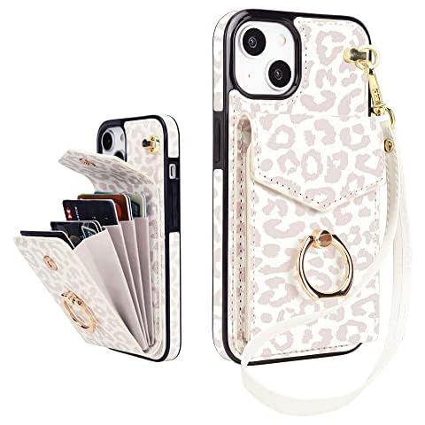 uCOLOR Compatible with iPhone 13/14 6.1" Wallet Case with Card Slot 360°Rotation Ring Holder Stand RFID Blocking Protective Phone Cover Flip Case for iPhone 13/14 6.1" (Beige Leopard) Cover