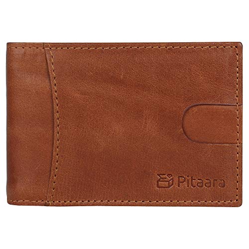 Pitaara Genuine Leather Slim Handcrafted Minimalist Bifold Front Pocket Wallet with RFID Blocking For Men (Tan)
