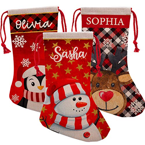 Personalized Christmas Stockings w/ 9 Patterns | 12 Font - 16 inches Custom Name Stockings, Reindeer, Penguin, Santa, Unicorn, Snowman, Fireplace, Holiday Stocking Decorations, Gift for Family