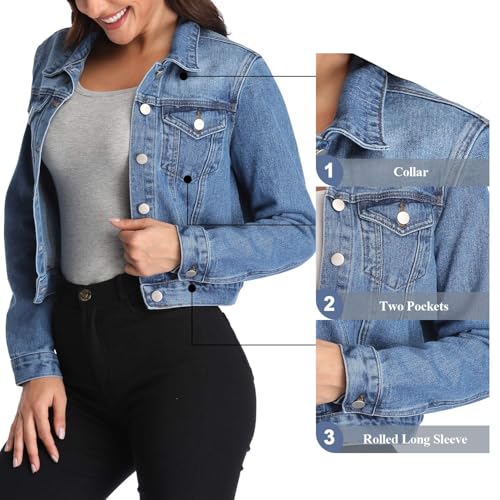 andy & natalie Women's Denim Jackets Cropped Long Sleeve Basic Button Down Crop Jean Shacket with Pockets2