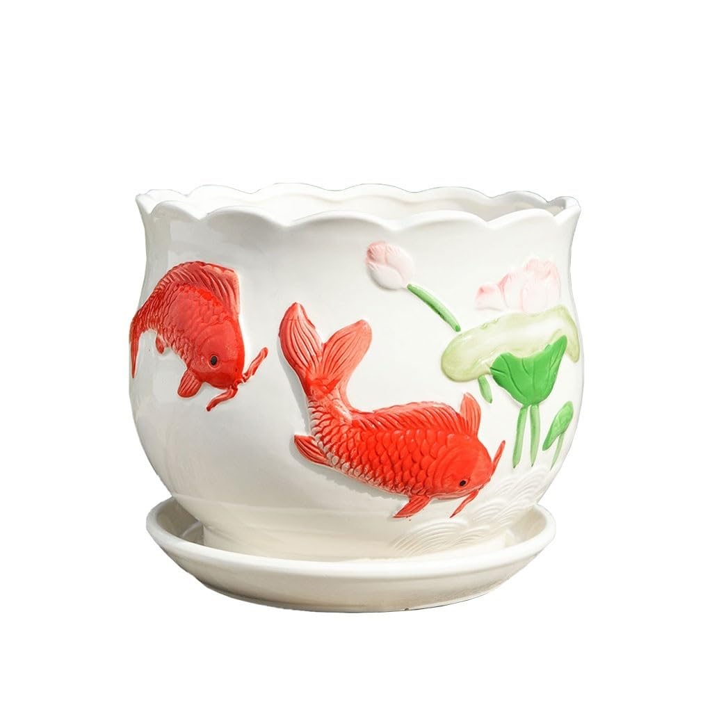 Gelasige B Flower Pots White Ceramic Flower Pot With Tray Office Coffee Table Tabletop Decorative Flower Pot Chinese Flower Pot Outdoor Flower Pots(B)